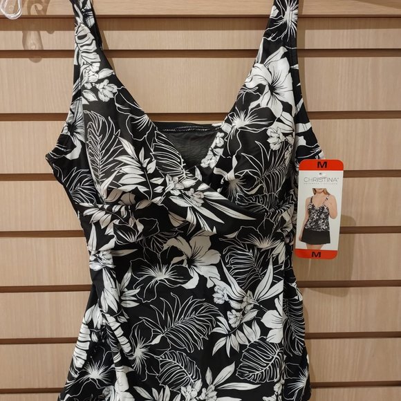 NWT Womens CHRISTINA Black White Floral Tankini Swim Black Skirt Suit - Picture 4 of 13